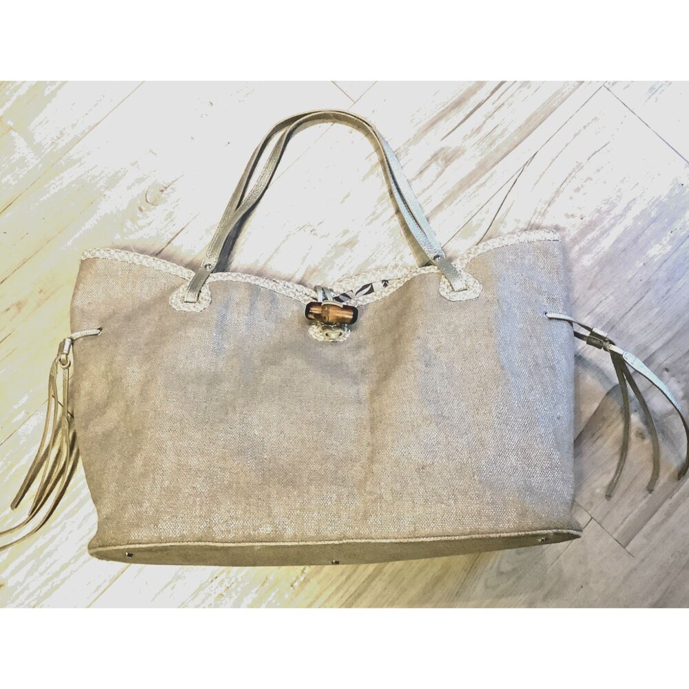 Eric Javits Linen Woven Tote Beach Bag Purse Gold Metallic Leather Resort
